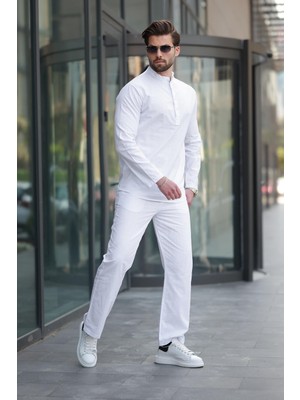 Madmext Beyaz %100 Pamuk Keten Erkek Gömlek Takım E7310