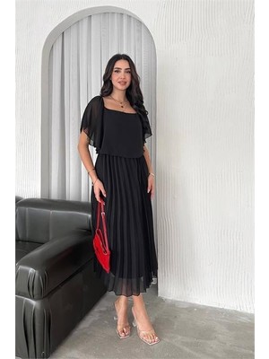 Dipmoda Kadın Siyah Pileli Midi Boy Şifon Elbise DPK4102