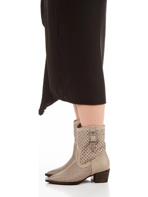 8013 Kadın Hakiki Deri Yandan Tokalı  Yazlık Bot Taş Rengi