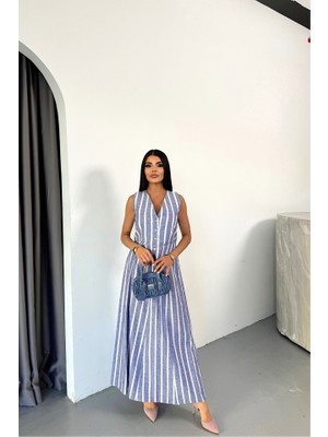 Mira Cotton Keten Çizgili Yelek - Uzun Etek Takım - Mavi