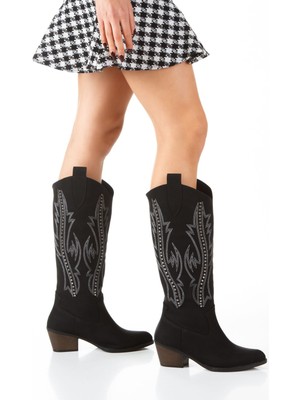 Kadın Mat Cilt Nakışlı Topuklu Kovboy Çizme 7027