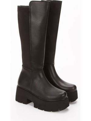 Kadın Siyah Cilt Kalın Tabanlı Fermuarlı ÇIZME7023