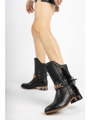 7012 Bej Cilt Deri Püskül Detaylı Kadın Çizme