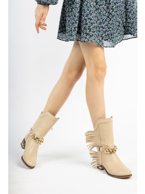 İnyola Shoes 7012 Bej Cilt Deri Püskül Detaylı Kadın Çizme