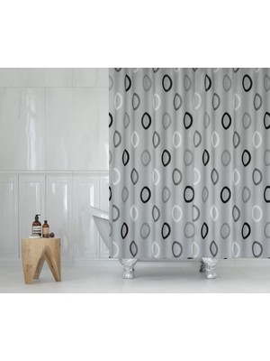 Gri Halkalı Duş Perdesi - 180X200 cm Banyo Perdesi - Tek Kanat Banyo Duş Perdesi - Polyester Kumaş Su Geçirmez Küvet Perdesi - Yıkanabilir Banyo Duş Perdesi