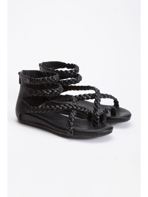 İnyola Shoes Kadın Hakiki Deri Örgü Detaylı Sandalet 6310 Sıyah