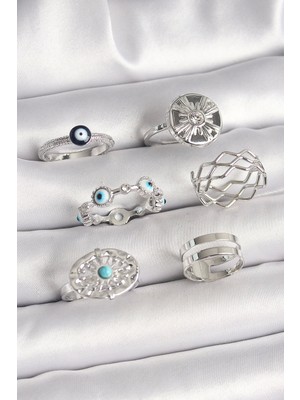 Pirinç Gümüş Renk Nazar Boncuk Zirkon Taş Detaylı Dalga Figür Kadın Yüzük Kombini