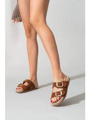 Kadın Hakiki Süet Deri Çift Bantlı Terlik 6296