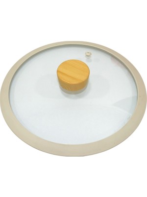16 cm Bej Silikon Cam Kapak ve Ahşap Kulp