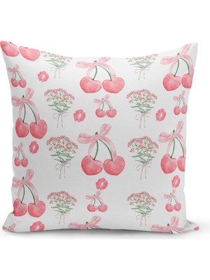 Fiyonklu Kiraz  Serisi Çift Tarafı Dijital Baskılı Kırlent Kılıfı (Cherry With Bow)