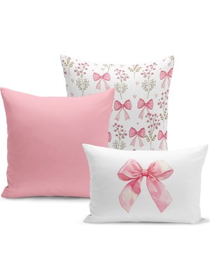 Fiyonklu Kiraz Serisi Çift Tarafı Dijital Baskılı  3'lü Kırlent Kılıfı Seti (Cherry With Bow)