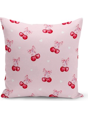 Fiyonklu Kiraz  Serisi Çift Tarafı Dijital Baskılı Kırlent Kılıfı (Cherry With Bow)