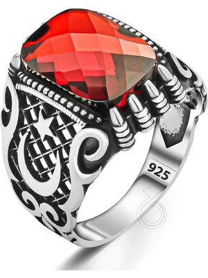 Gümüş Kırmızı Zirkon Taşlı Ay Yıldız Tasarım Erkek Yüzük