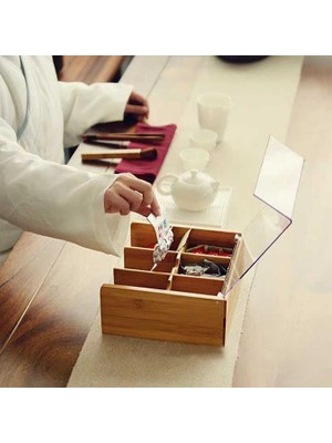 Akrilik Şeffaf Kapaklı Bambu 6 Bölmeli Çay Kutusu -%100 Orjinal Bambu Şeffaf Kapak (22CM*22CM*10CM)