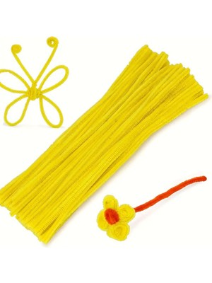 Sarı Renkli 50 Adet Şönil, Eğitici Şönil Seti, Tüylü Tel, 30 Cm, Peluş Tel