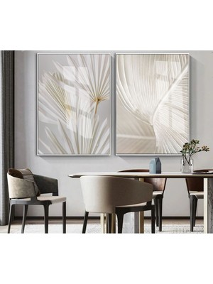 Harikabirev|(Soft Krem) Kuru Yaprak Kombini|çerçeveli Cam Tablo 2li Dikey