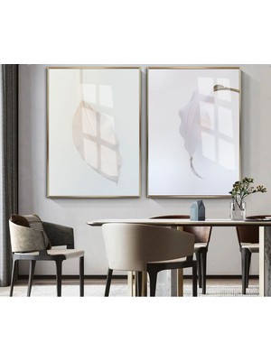 Harikabirev|soft|beyaz Krem Yaprak Kombini |çerçeveli Cam Tablo 2li Dikey