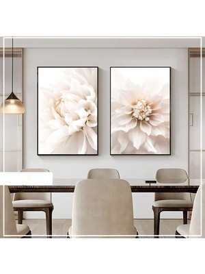 Harikabirev|bej - Krem -Beyaz Abstract Flower ( Jasmine) |çerçeveli Cam Tablo 2li Dikey