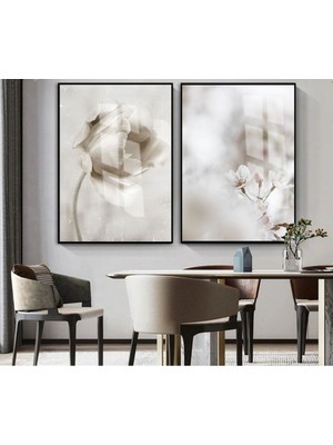 Harikabirev|soft| Bitki Gül Kombini (Elegant) |çerçeveli Cam Tablo 2li Dikey