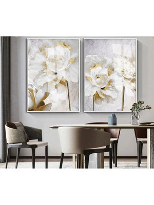 Harikabirev| Soyut Krem-Gold Soft Çiçekli Kombin (Rose) |çerçeveli Cam Tablo 2li Dikey