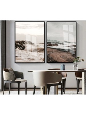 Harikabirev|soft|kahve Tonlar Deniz-Dağ Manzara Kombini (Brown) |çerçeveli Cam Tablo 2li Dikey