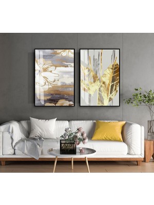 Harikabirev|gold-Beyaz Soft Çiçek Yaprak Minimal Kombin |temperli Çerçeveli Cam Tablo  2li Dikey