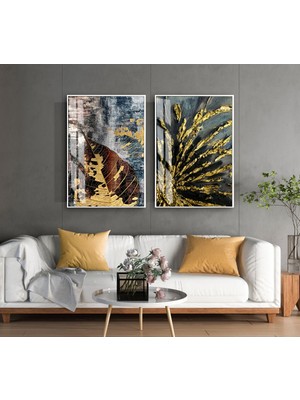 Harikabirev|gold-Siyah-Laci Yaprak Desenli Kombin 01 |temperli Çerçeveli Cam Tablo  2li Dikey