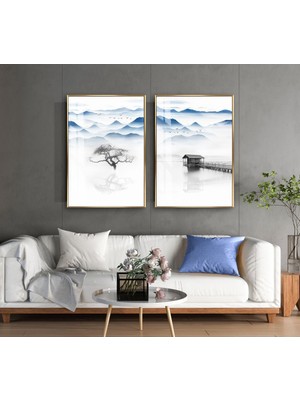 Harikabirev|soft Mavi-Beyaz Sisli Dağ Göl Manzara Kombini |temperli Çerçeveli Cam Tablo  2li Dikey