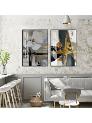 Harikabirev|gri-Gold Renk Soyut Çiçek Desenli Kombini 01 |temperli Çerçeveli Cam Tablo  2li Dikey