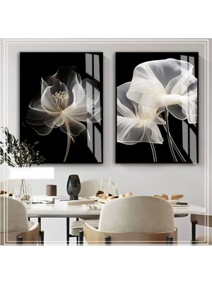 Harikabirev Çerçeveli Cam Tablo 2li Dikey Siyah Renk Çiçek Kombini 40 x 60 Modern Tasarım
