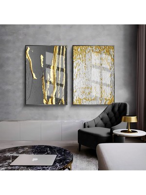 Harikabirev|siyah-Gold-Beyaz Soyut Kombini 001 |çerçeveli Cam Tablo  2li Dikey