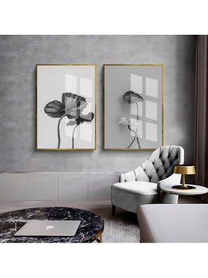 Gri-Siyah Çiçek Temalı Harikabirev Çerçeveli Cam Tablo 2li Dikey 30 x 40 Gold Renk