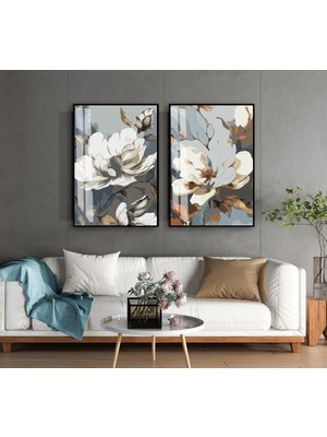 Harikabirev|soft Lacivert-Beyaz Çiçek Desenli Kombin 01 |temperli Çerçeveli Cam Tablo  2li Dikey