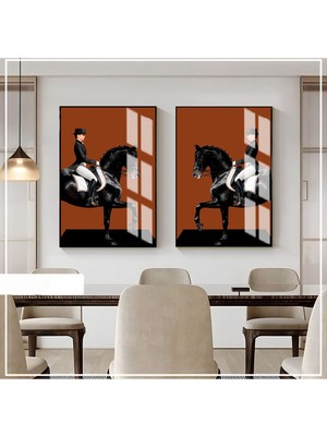 Harikabirev|tarçın-Siyah Renk Kadın Jokey ve At Kombini Yeni|çerçeveli Cam Tablo  2li Dikey
