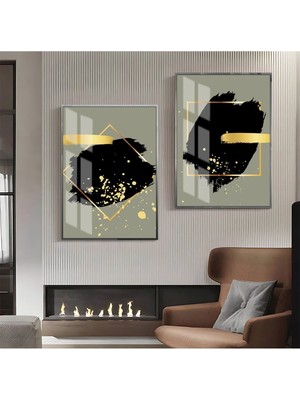 Harikabirev|gold-Siyah-Gri Soyut Şekil Kombin 07 |çerçeveli Cam Tablo  2li Dikey