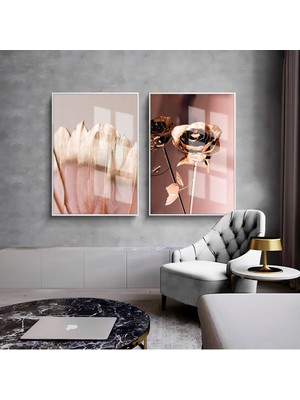 Harikabirev|rosegold Gül & Tüy Kanat Kombini 01 |çerçeveli Cam Tablo  2li Dikey