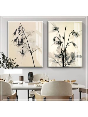 Harikabirev|soft Siyah-Krem Çiçek Kombini 04 |çerçeveli Cam Tablo  2li Dikey