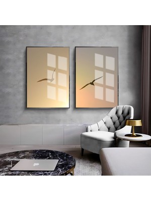 Harikabirev|sarı Uçan Kuş Kombini 01 |çerçeveli Cam Tablo  2li Dikey