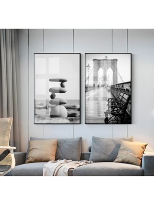 Harikabirev|siyah-Beyaz Taş & Köprü Kombini |çerçeveli Cam Tablo  2li Dikey