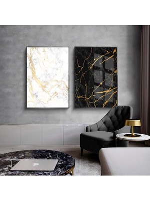 Harikabirev|beyaz-Siyah-Gold Mermer Desen Soyut Kombini 03 |çerçeveli Cam Tablo  2li Dikey