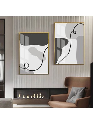 Harikabirev|gri Tonlar Soyut Abstract Kombin 01 |çerçeveli Cam Tablo  2li Dikey