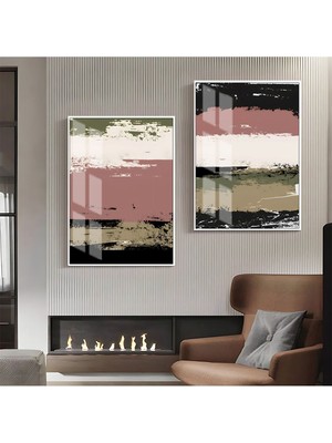 Harikabirev|pembe-Yeşil-Siyah Abstract Kombin  1 |çerçeveli Cam Tablo  2li Dikey