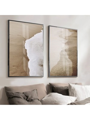 Harikabirev|krem-Bej Renk Kumsal Manzara Kombini |çerçeveli Cam Tablo  2li Dikey