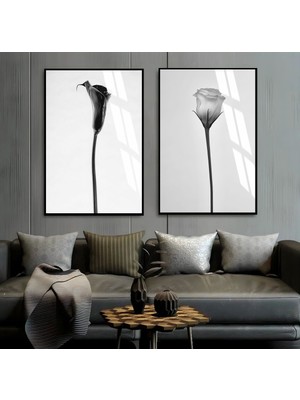 Harikabirev|soft Siyah-Beyaz Gül Kombini 02 |çerçeveli Cam Tablo  2li Dikey