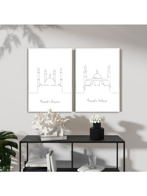 Harikabirev|siyah Çizgi Mesicid-I Nebevi-Aksa Minimal Kombini |çerçeveli Cam Tablo  2li Dikey