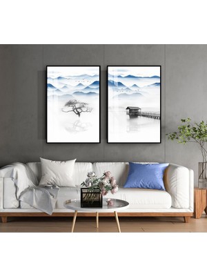 Harikabirev|soft Mavi-Beyaz Sisli Dağ Göl Manzara Kombini |temperli Çerçeveli Cam Tablo  2li Dikey