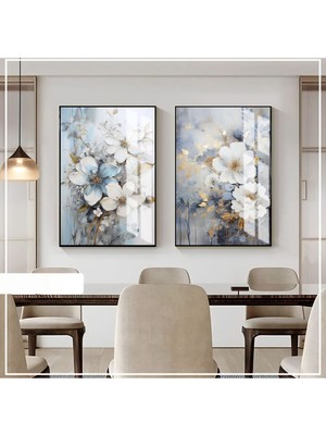 Harikabirev|mavi-Gold Renk Çiçek Kombini 1 Yeni|çerçeveli Cam Tablo  2li Dikey