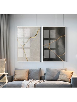 Harikabirev|gri-Siyah-Gold Japan Kıntsugı Kombini |çerçeveli Cam Tablo  2li Dikey