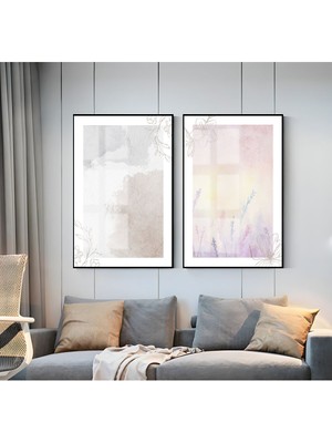 Harikabirev|mor-Beyaz Soft Soyut Kombini 01 |çerçeveli Cam Tablo  2li Dikey