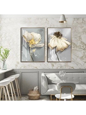 Harikabirev|soft Beyaz Papatya Çiçek Kombini 01  |temperli Çerçeveli Cam Tablo  2li Dikey